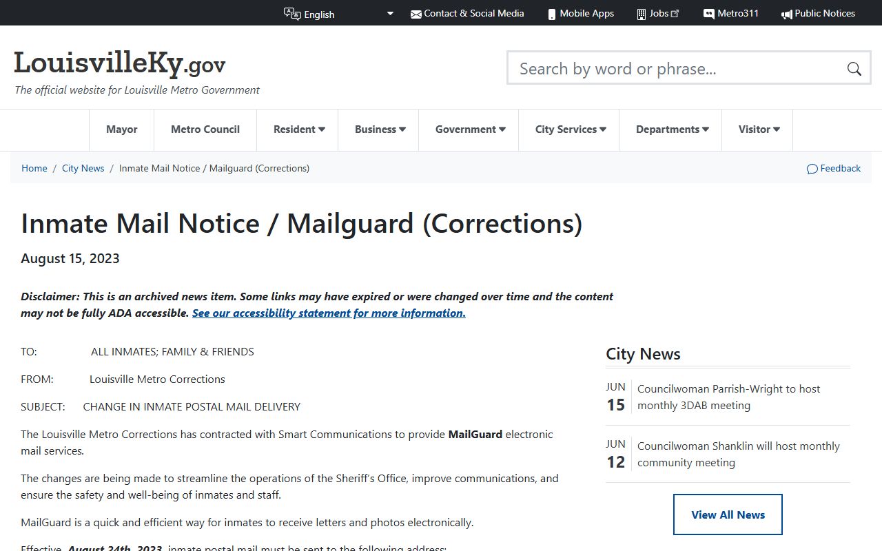 Jefferson County LMDC MailGuard inmate mail notice